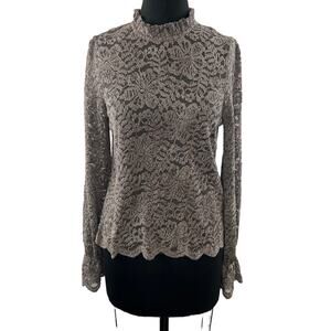 Eri+Ali Brown Blouse Floral Lace Cropped Mock Neck Keyhole Formal Size Small S